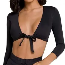 New GOOD AMERICAN Sexy Boost 3/4 Sleeve Tie Front Bikini Top black size Small