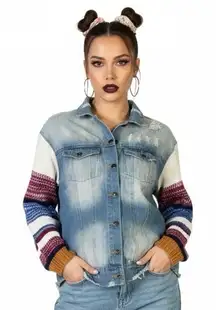 Promesa Distressed Denim Jacket Womens S Blue Knit Sleeve Colorblock 90s Retro