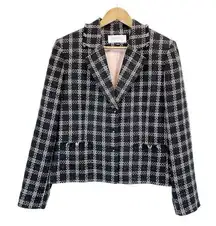 Tahari ASL Womens 16 Tweed Blazer Jacket Black Pink Plaid Button Front Fringe