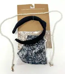 Berry Knotted Headband, Patterned Mask, and Pearl Mask Chain, Brand New