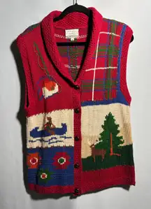 Vintage 90s Camping Outdoor Scene Fishing River Deer Hand Knit Sweater Womens S