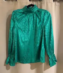 Vici Teal Satin Blouse with Ruffle Cuffs