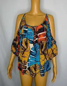 Akiko Silk Cold Shoulder Blouse 1/2 Sleeves Abstract Print Scoop Neck Marigold S