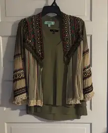 Karlie Bohemian Colorful Embroidered Jacket with Olive Top