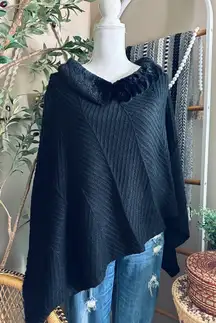 Chico’s New w/Tags Black Metallic Faux Fur Collared Asymmetrical Shawl Sweater