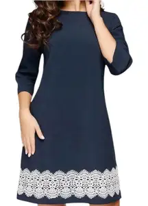 Navy 3/4 Sleeve Pullover Dress w/ White Printed Hem Detail