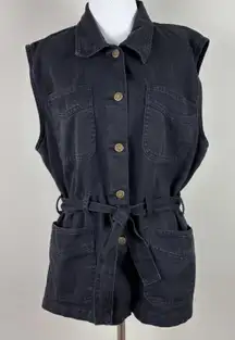 Vintage 90s Denim & Co Denim Vest Womens‎ Large Black Belted Button Up Pockets L
