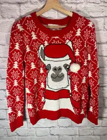 Poof Llama knit ugly‎ Christmas sweater small red and white