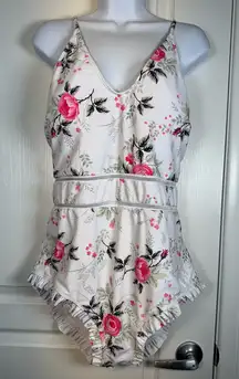 V-Neck White Bikini Ruffle Floral Halter, Cross Back Swimsuit Size 2XL EUC #5947