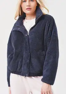 Z Supply Dakota Dropped Shoulder Full Zip Winter Sherpa Jacket Navy Small