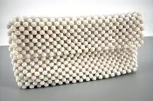 Vintage Women's Octagonal Softshell Beaded Top Zip Lined Clutch Bag White Mini‎