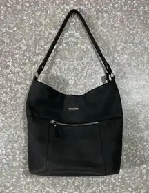 Roots Canada Black Leather Bucket Style Hobo Shoulder Bag - Zippered Pockets