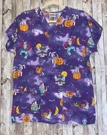 Simply Basic Halloween Purple Pumpkin Dog Cat Scrub Nurse Medical Top Size Small