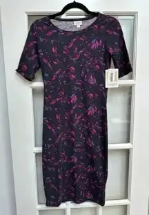 LuLaRoe | Black Pink Feather Print Bohemian Julia Fitted Sheath Dress Size XXS