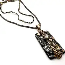 Chico’s multi-strand‎ gold & black marbled pendant statement necklace layered