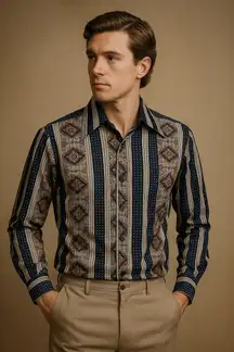 Vintage Kingsport Geometric Stripe Medallion Shirt Navy Blue Made in Korea