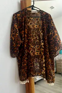 Leopard Print Sheer Kimono with Fringe