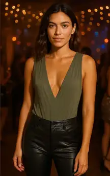 Honey Punch Olive Green V Neck Bodysuit Top Size Small