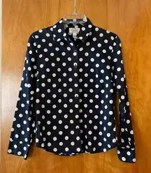 Talbots  Long Sleeve Button Up Top Shirt Blue White Polka Dots Dot Vintage Size 4