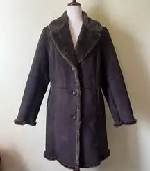 Vintage Y2K Faux Suede Coat Button Down Faux Fur Lining Chocolate Brown Large