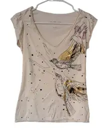 Calvin‎ Klein Puff Cap Sleeve V-neck T-shirt Beige Bids Print Size S 100% Cotton