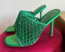 NWT Zara Green Rhinestone Mesh Mule Heels
