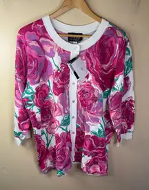 NWT Bob Mackie Wearable Art Womens Floral Cardigan Sweater Size‎ L Lovely Roses