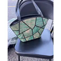 Vintage Le Sac Patchwork Woven Straw Shoulder Handbag Purse Satchel Multi Colors