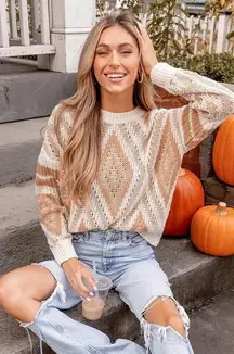 Diamond Pattern Knit Sweater Pullover‎ Crewneck Fall Toned Cozy