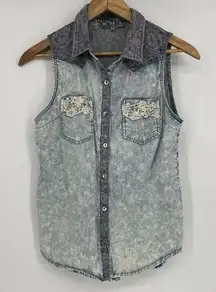 Miss Me  Button Tank Denim Floral Patchwork Sleeveless Jeweled Top Western SM