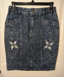 Vintage Kong Loon Jean Floral Embroidered Pencil Skirt Women's Large Medium Wash