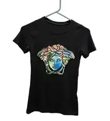 Versace Crystal Embellished Rainbow Medusa Logo Black Tshirt Size 40 / US 4