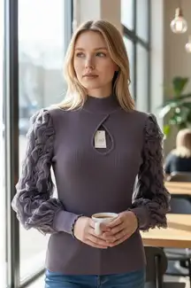 Cato brand purple ribbed knit sweater sheer ruffled sleeves Size M