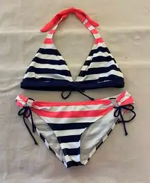 Body Glove Blue Coral White Striped Teeny Bikini‎ Size Large