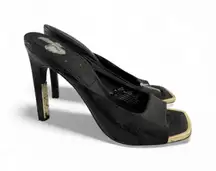 DKNY Black Leather Gold Detail Sandals Heels Size 5.5