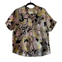 Anthropologie Maeve Cheetah Birds Printed Button Up Linen Shirt Boxy Size XS