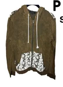 POL Women’s Hooded Sweatshirt Green Ivory Crochet Trim Full Zip Boho Chic S EUC