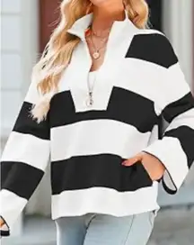 Womens Oversized Sweatshirt Casual Striped Long Sleeve Half Zip V Neck Pullover