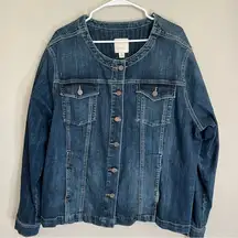 Sejour Collarless Denim Jean Jacket Medium Wash Indigo Dark Size 24W NWT