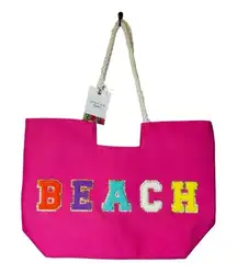 Beach Tote Sunglow Style Pink Canvas Rope Strap Glitter‎ Patches 24" Length NWT