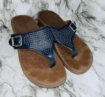Vionic Flip Flop Capitola Thong Wedge Sandals Buckle Studded Navy Women 9 Summer