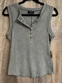 Blu Pepper Washed Olive Green Button Up Henley Boho Tank Top Large NWT