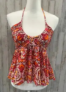 Old Navy Floral Crinkle Babydoll Halter Top Pink Y2K Beachy Summer Womens Medium