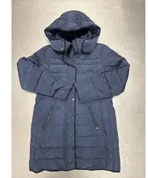 123 Paris Coat 44 Medium Navy Blue Hood Long Down Fur Coat