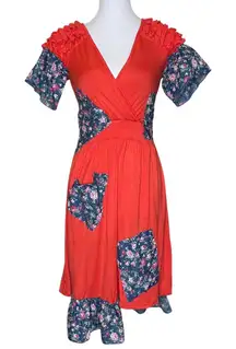 Nic&Dom Orange Floral Patchwork Dress Ruffle Mixed Print Lagenlook Asymmetric S