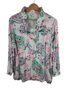 Crown & Ivy‎ Womens Paisley Ruffle Neck Blouse Sz XL Colorful Preppy Long Sleeve