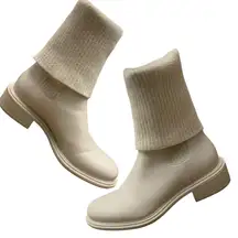 CHARLES & KEITH GRAY LEATHER BLOCK HEEL MOTO BOOTS WITH SOCK STYLE LEG (36)