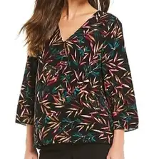 NEW NWT INVESTMENTS V-Neck Leaf Wrap Top Black Green Floral 3/4 Sleeve Surplice