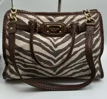 MICHAEL KORS HAMILTON ZEBRA PRINT BROWN IVORY EW LARGE SATCHEL NWT RETAIL $368