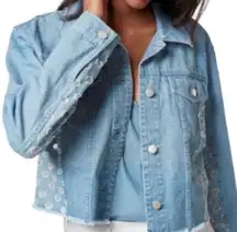 J Brand Women’s Cyra Polka Dot Panel Crop Denim Blue Jean Jacket